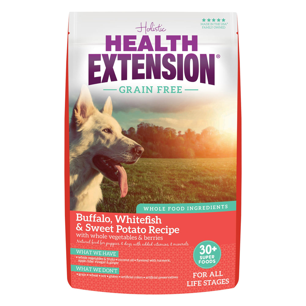 Health Extension buffalo & whitefish first-ingredient bag supports lean protein for muscles.