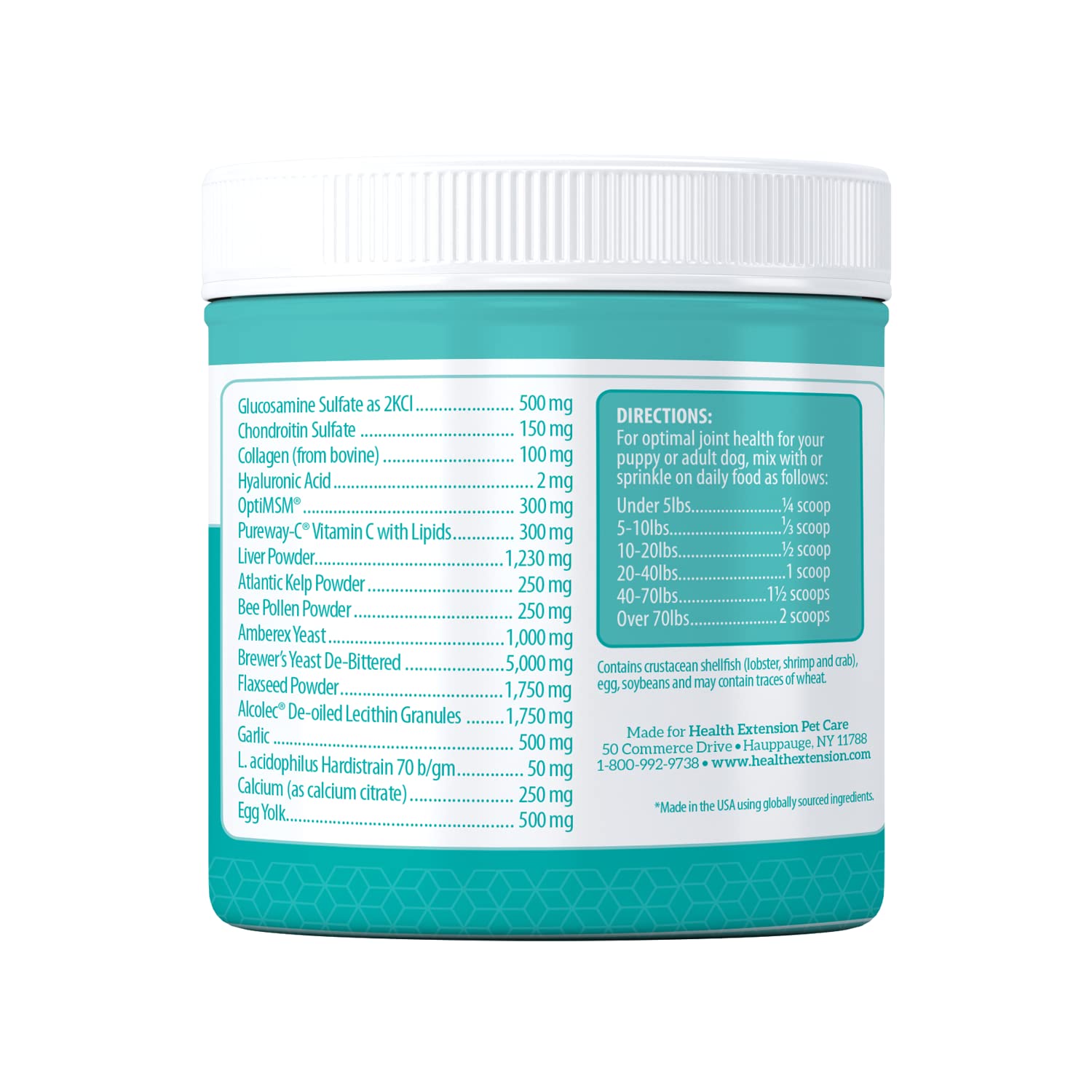 Health Extension cheese-flavored dog supplement powder ready to sprinkle into meals