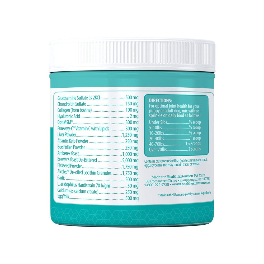 Health Extension cheese-flavored dog supplement powder ready to sprinkle into meals