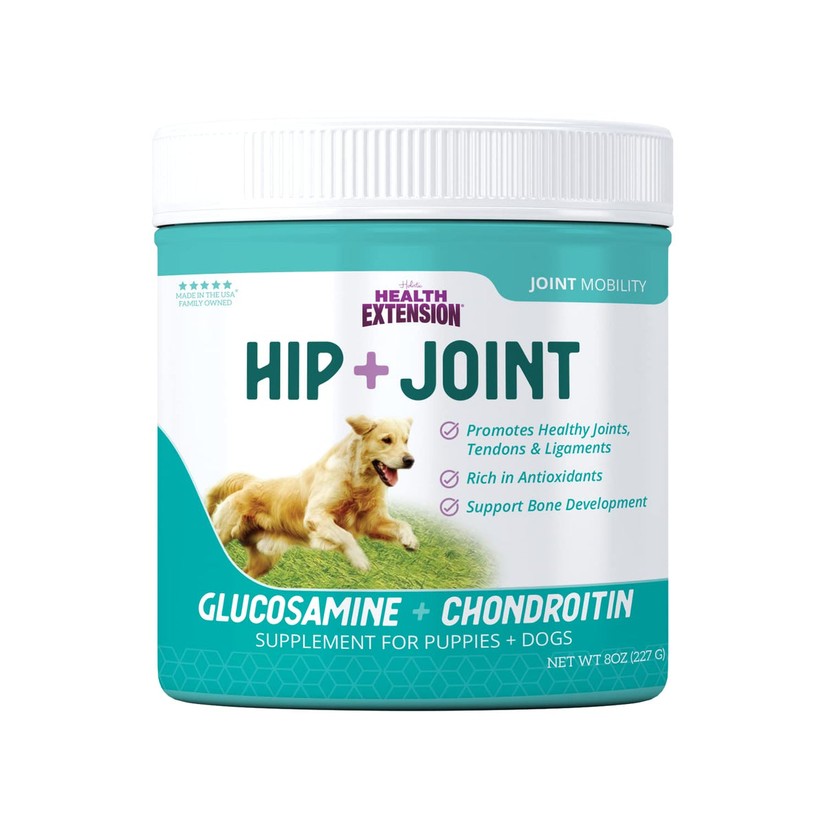 Health Extension chondroitin-glucosamine dog bottle provides convenient joint support for active pets