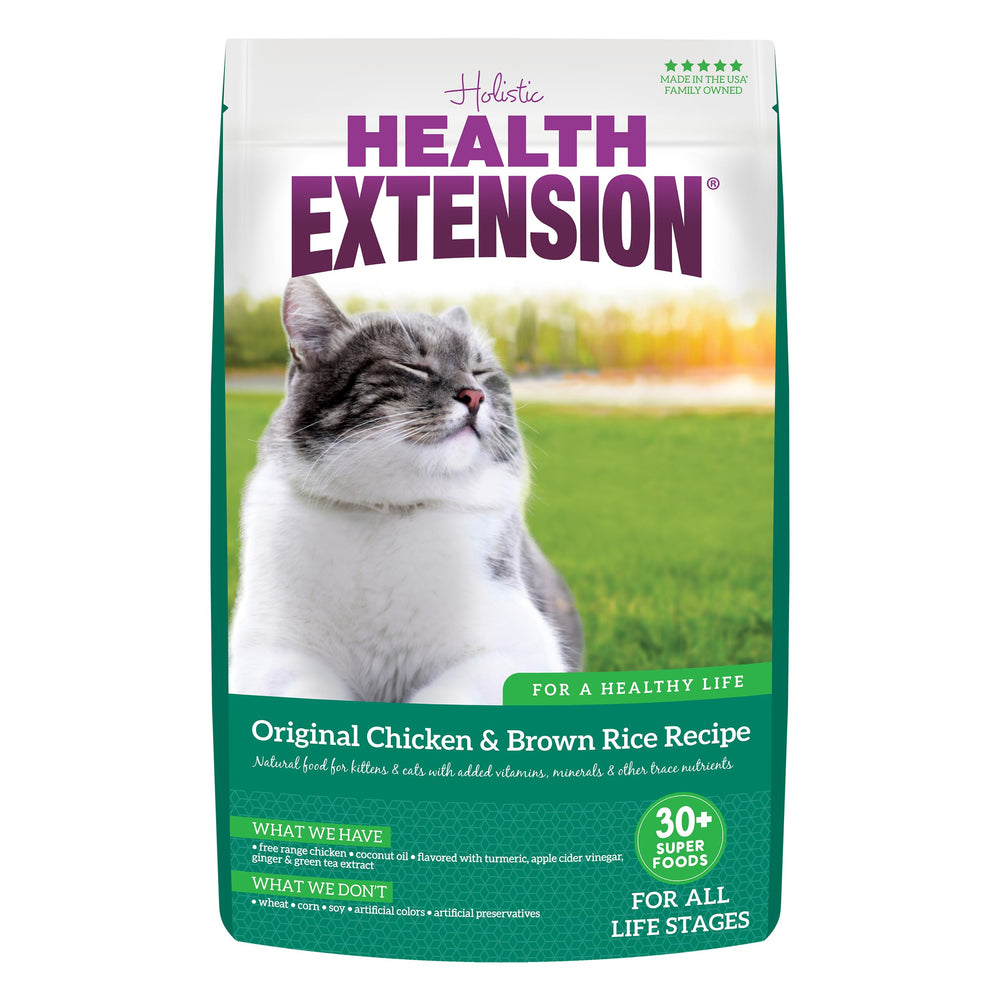 Health Extension dry cat food chicken brown rice bag shows all-life-stage nutrition.