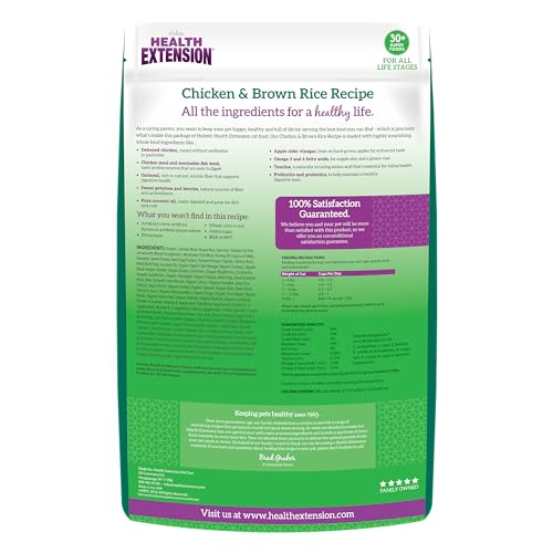 Health Extension dry cat food real ingredients chicken in top-view bowl.