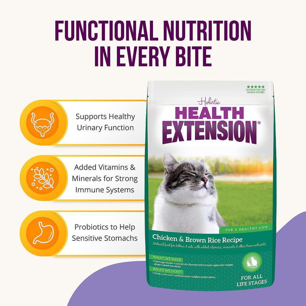 Health Extension dry cat food probiotics-digestive-support highlights kibble texture for easy meals.