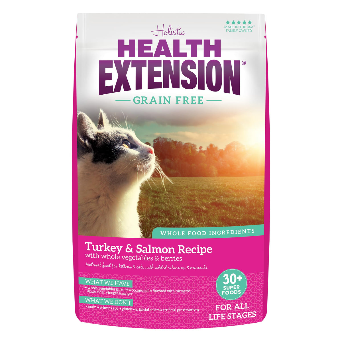 Health Extension dry cat food bag showing turkey and salmon for grain-free nutrition