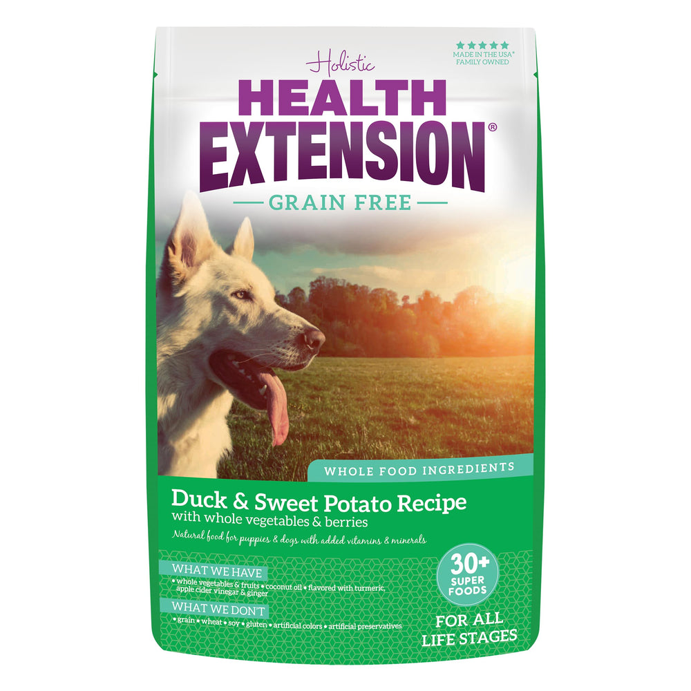 Health Extension duck sweet potato dry dog food bag showing grain free formula for steady energy and digestion support