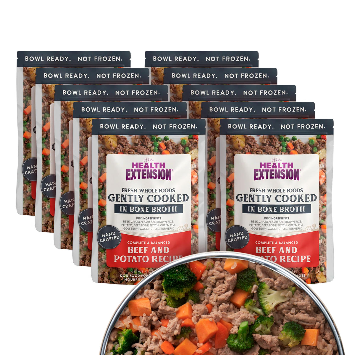 Health Extension Gently Cooked packaging shows shelf-stable meals for easy, mess-free feeding.