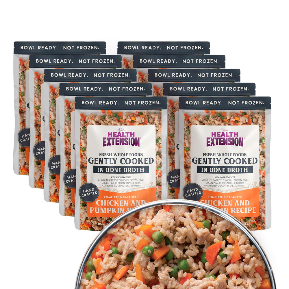 Health Extension Gently Cooked chicken-pumpkin pouch ready to serve, no prep needed.