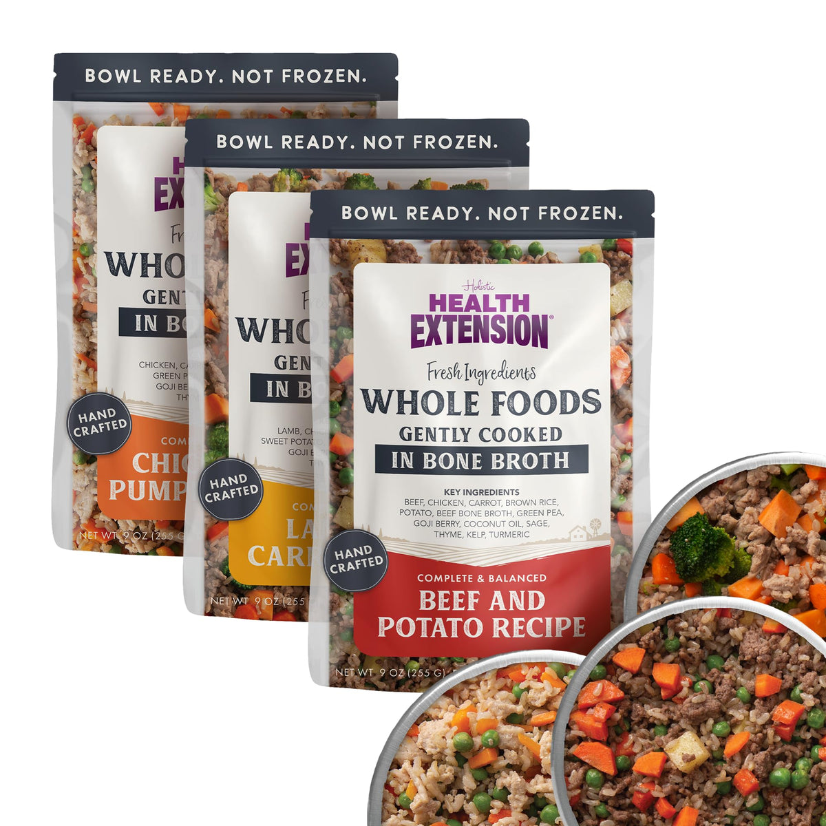 Health Extension packaging for gently cooked dog food, convenient meals ready to serve.