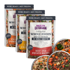 Health Extension packaging for gently cooked dog food, convenient meals ready to serve.