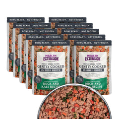 Health Extension gently cooked duck-kale dog food served in a bowl for picky eaters.