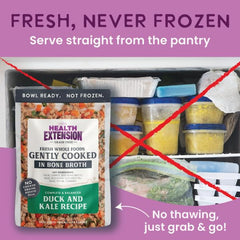Health Extension Gently Cooked dog food pouch pack emphasizes shelf-stable convenience.