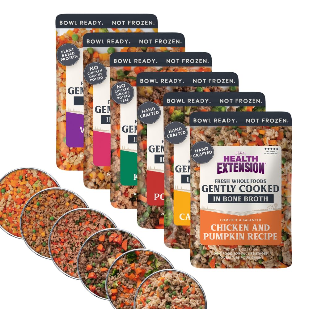 Health Extension Gently Cooked Grain-Free Variety Pack dog food pouch open for quick, ready-to-serve meals.