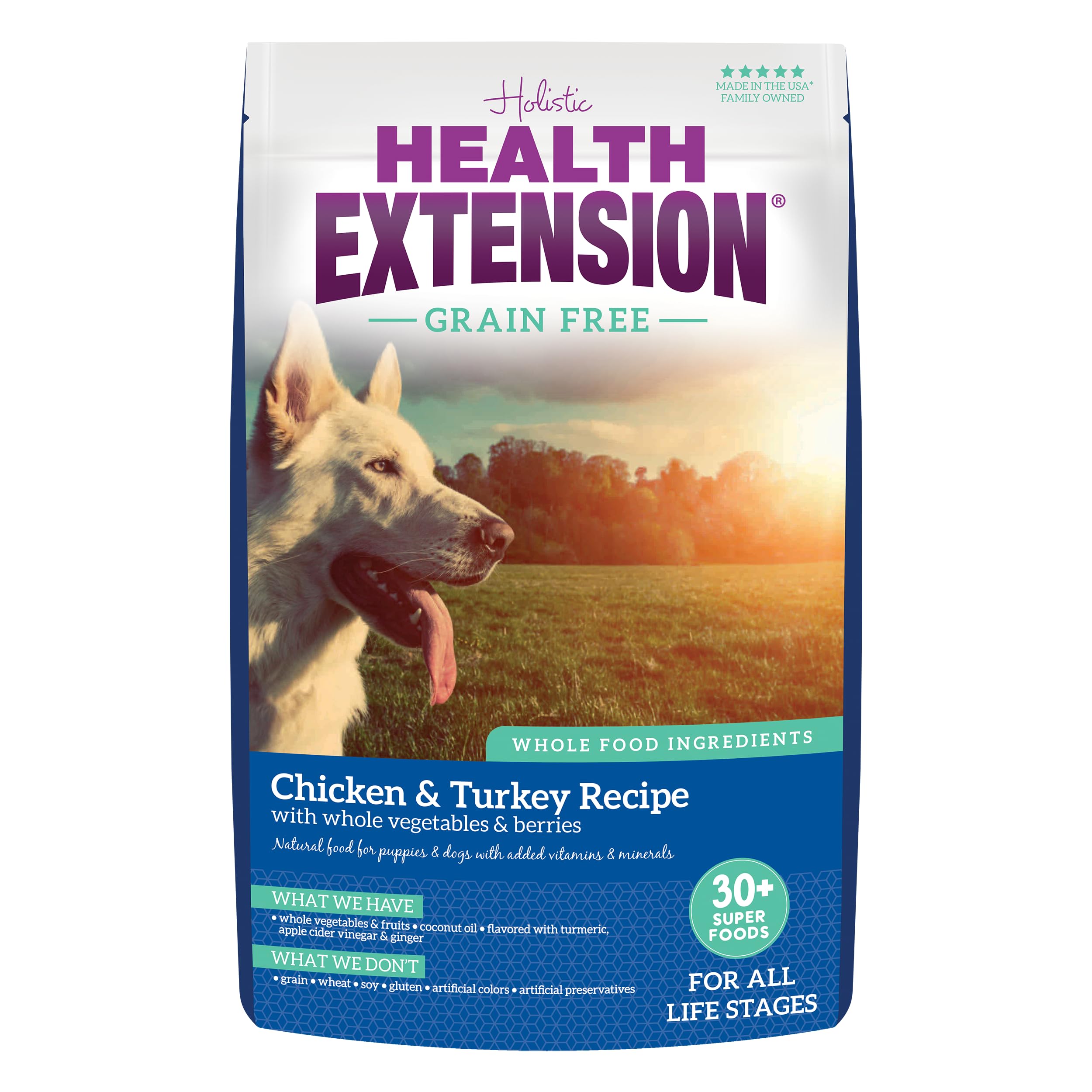 Health Extension grain-free chicken-turkey dry dog food bag highlighting premium protein for all life stages