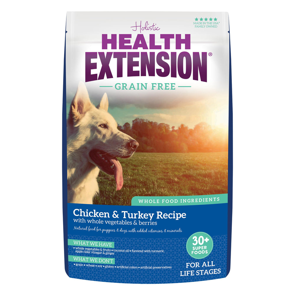 Health Extension grain-free chicken-turkey dry dog food bag highlighting premium protein for all life stages