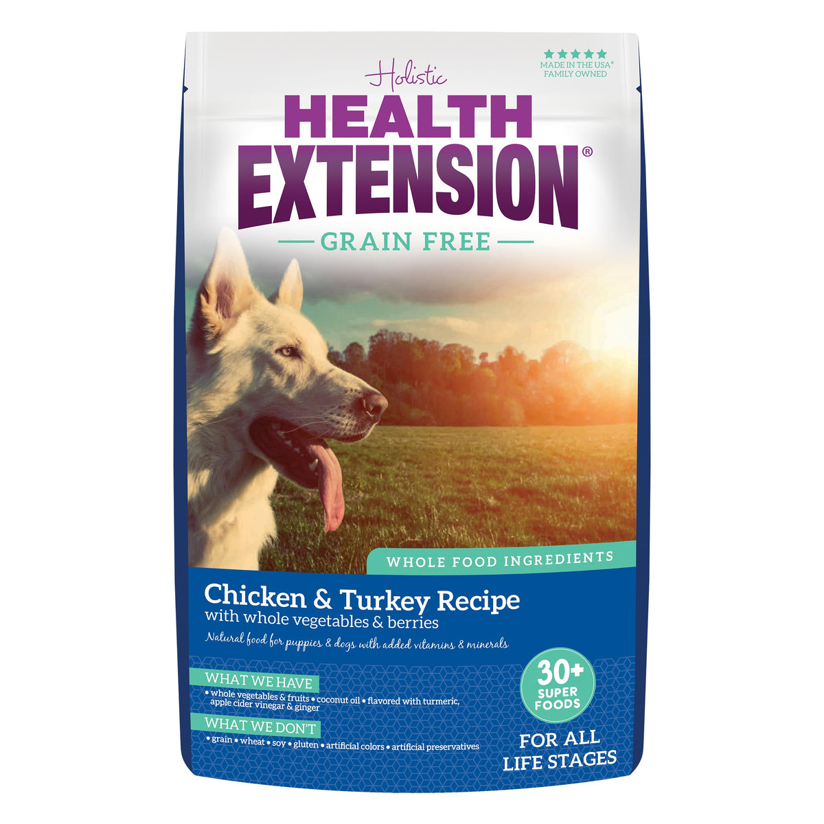 Health Extension grain-free chicken-turkey dry dog food bag highlighting premium protein for all life stages