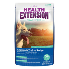 Health Extension grain-free chicken-turkey dry dog food bag highlighting premium protein for all life stages