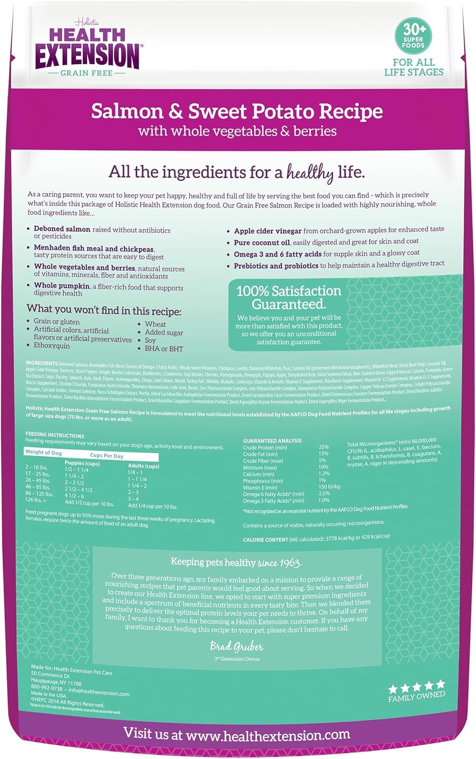 Health Extension grain-free-recipe bag showcases grain-free formula for sensitive stomach comfort.