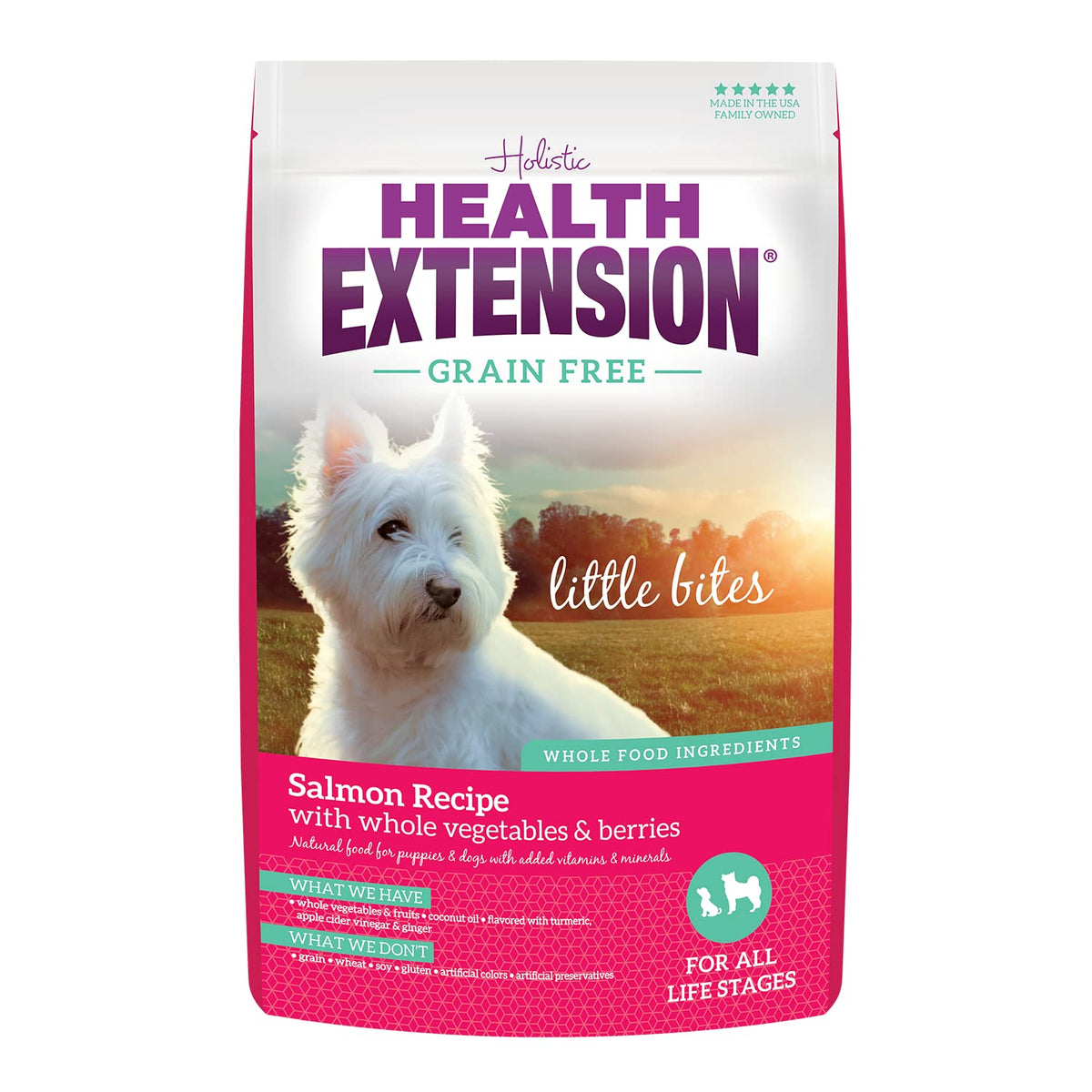 Health Extension grain-free salmon little bites bowl closeup shows lean protein for tiny breed meals