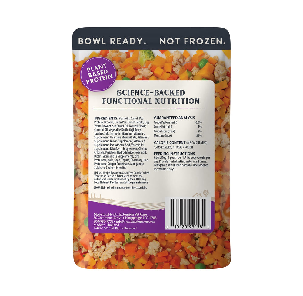 Health Extension grain-free vegetarian formula dog food highlighting plant-based recipe.