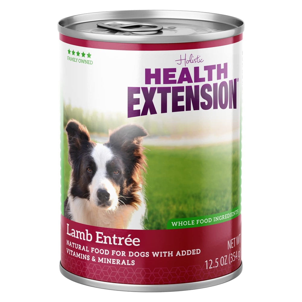 Health Extension Lamb Entrée cans close-up highlighting protein-rich formula for dogs
