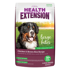 Health Extension Large Bites chicken-brown-rice dry dog food bag highlights large-breed nutrition