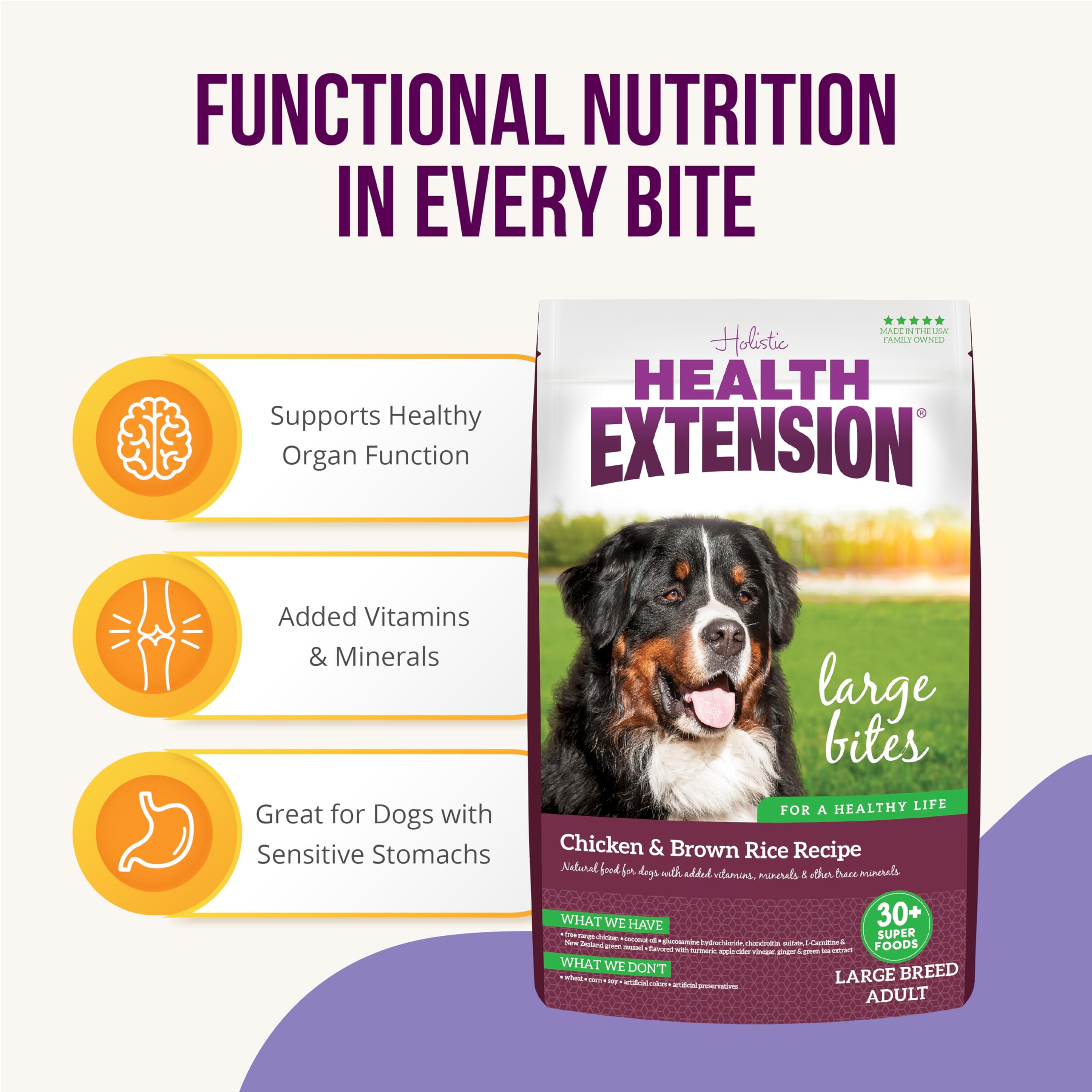 Health Extension Large Bites bag label emphasizes 30+ superfoods and probiotics