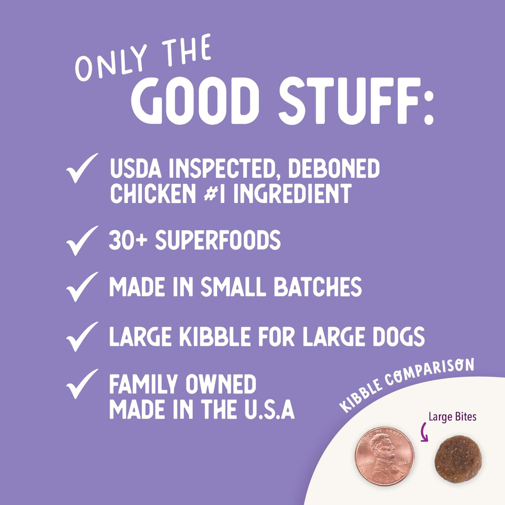 Health Extension Large Bites serving-size scoop illustrates portion control for large breeds
