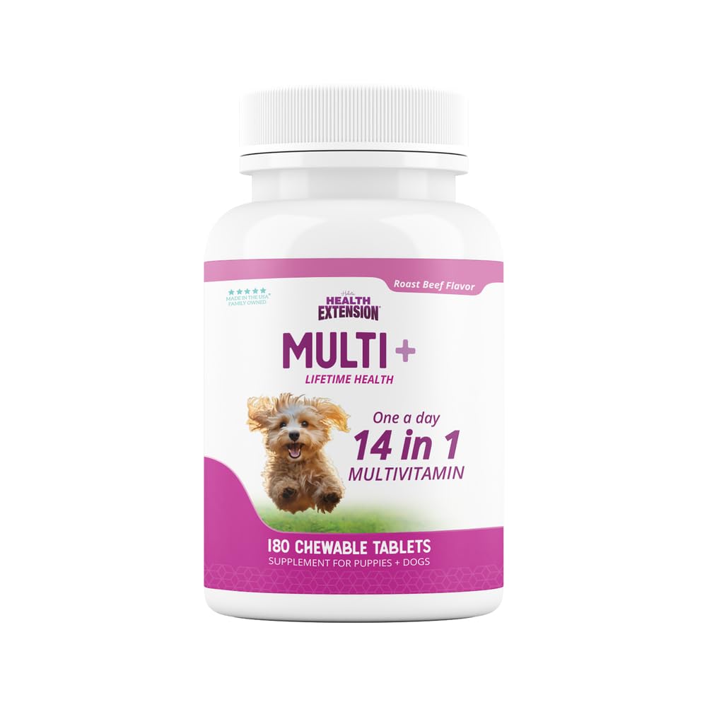 Health Extension lifetime multivitamin packaging for dogs promotes overall vitality.