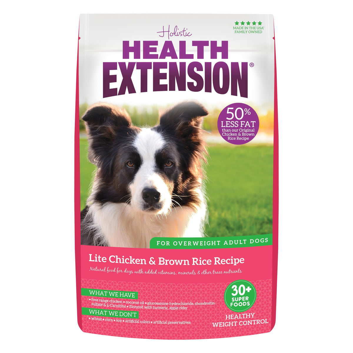 Health Extension Lite chicken-brown-rice-bag demonstrates weight-management friendly dry dog food.