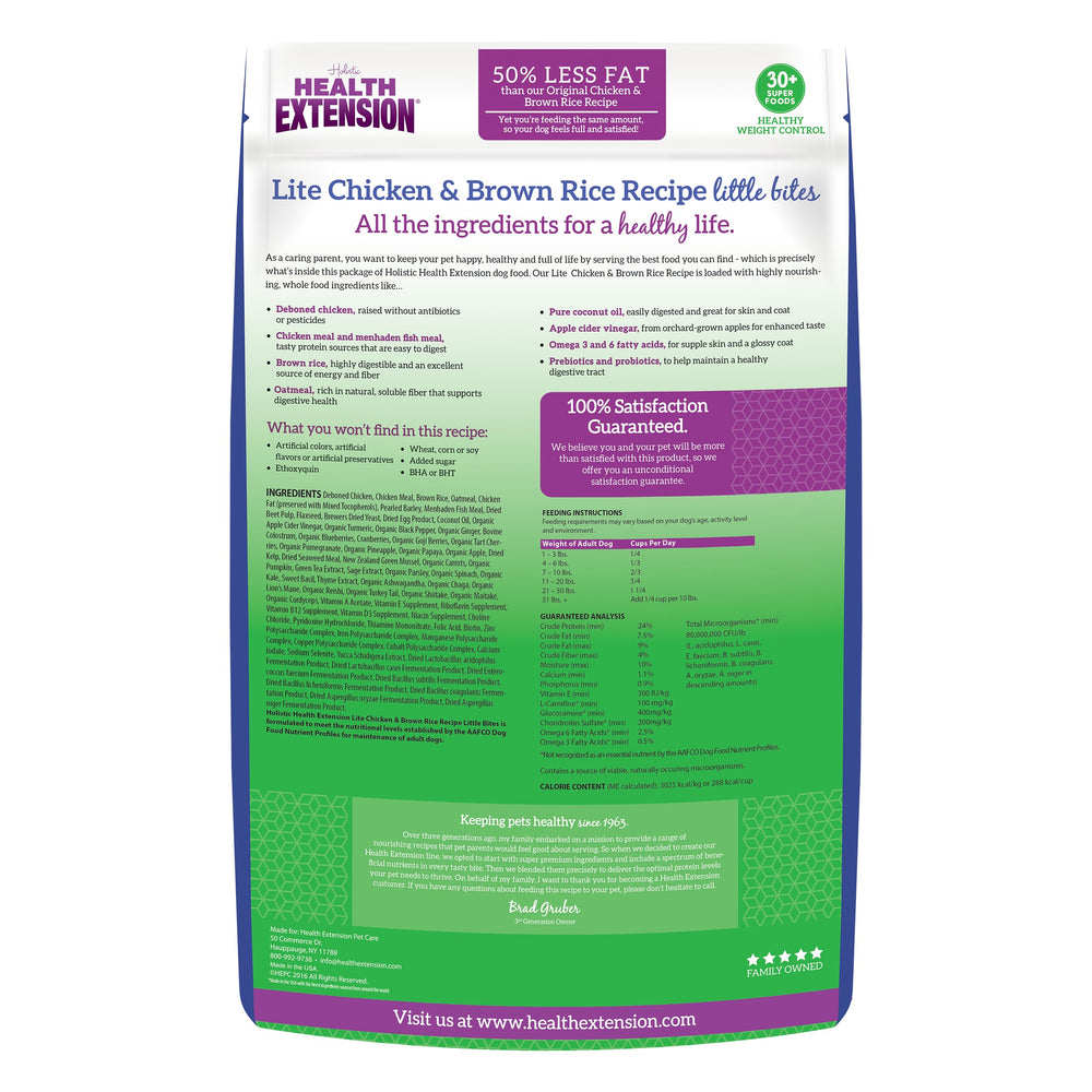 Health Extension Little Bites Lite 15lb bag on shelf highlights convenient bulk size for small breeds.