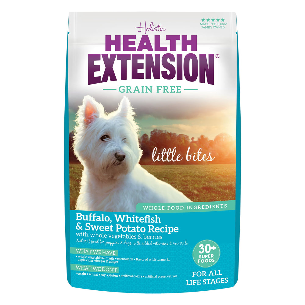 Health Extension little-bites-puppy-kibble-closeup showing easy-chew bites for tiny teacups.