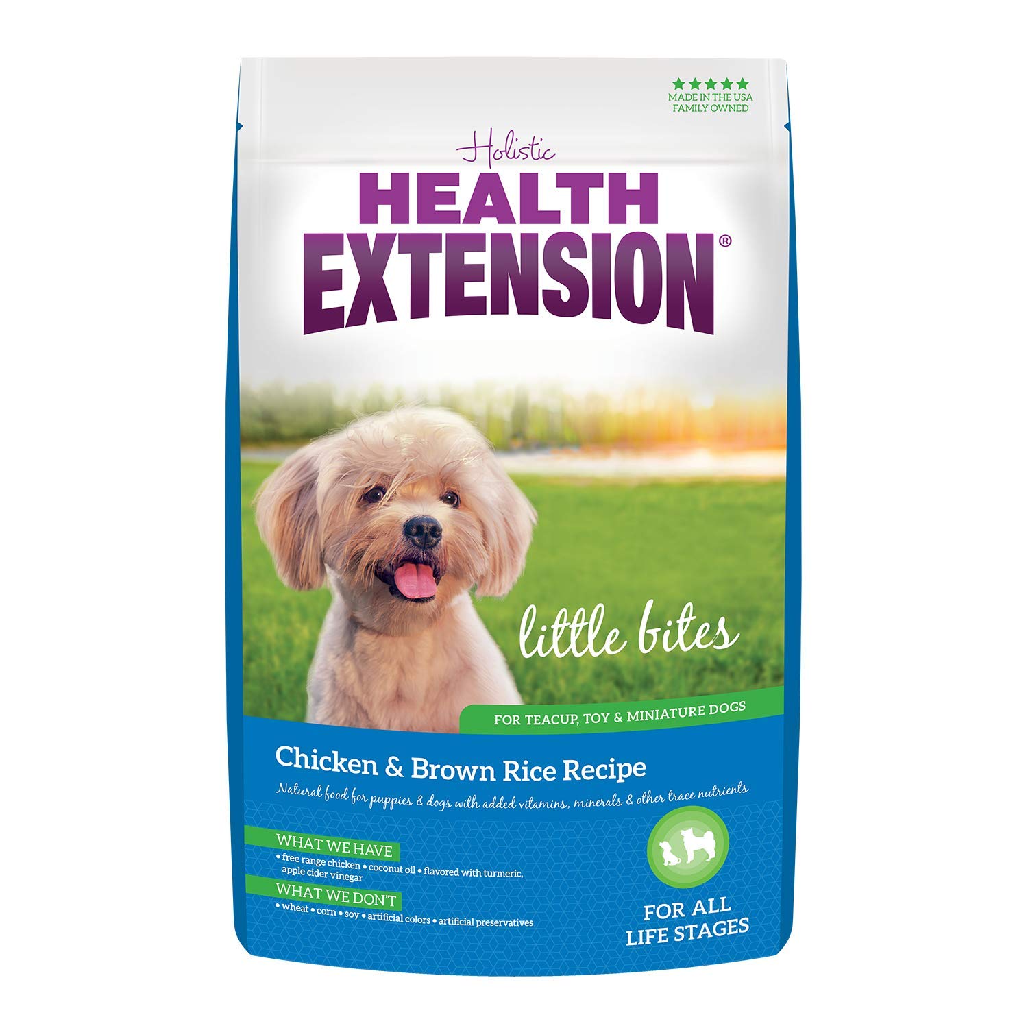Health Extension Little Bites small-breed-kibble close up shows tiny bites for teacup dogs with easy chewing benefits