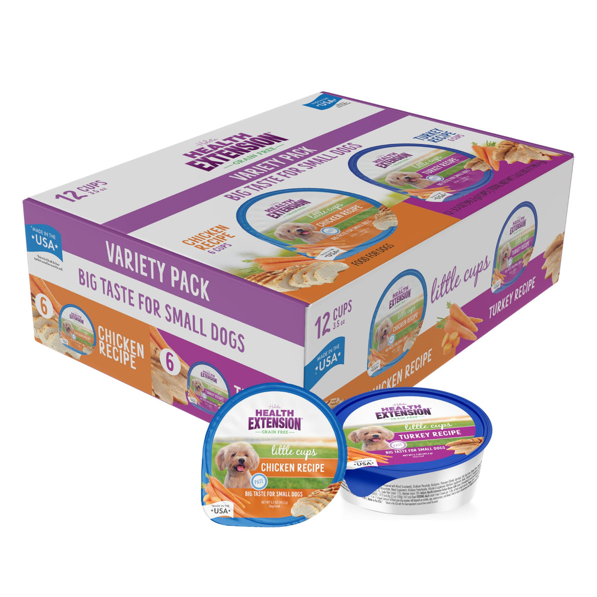 Health Extension Little Cups variety box front shows easy portioned meals for small dogs.