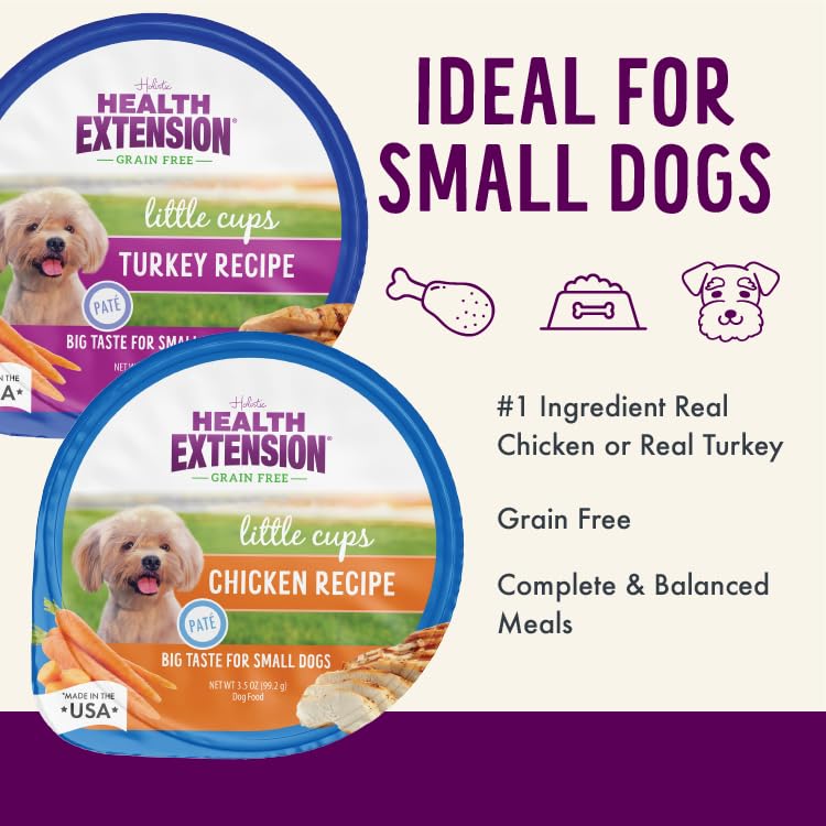 Health Extension Little Cups with kibble demonstrates easy mixing for a complete meal.