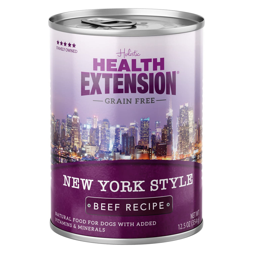 Health Extension New York Style Beef Recipe can label highlights premium protein for dogs.