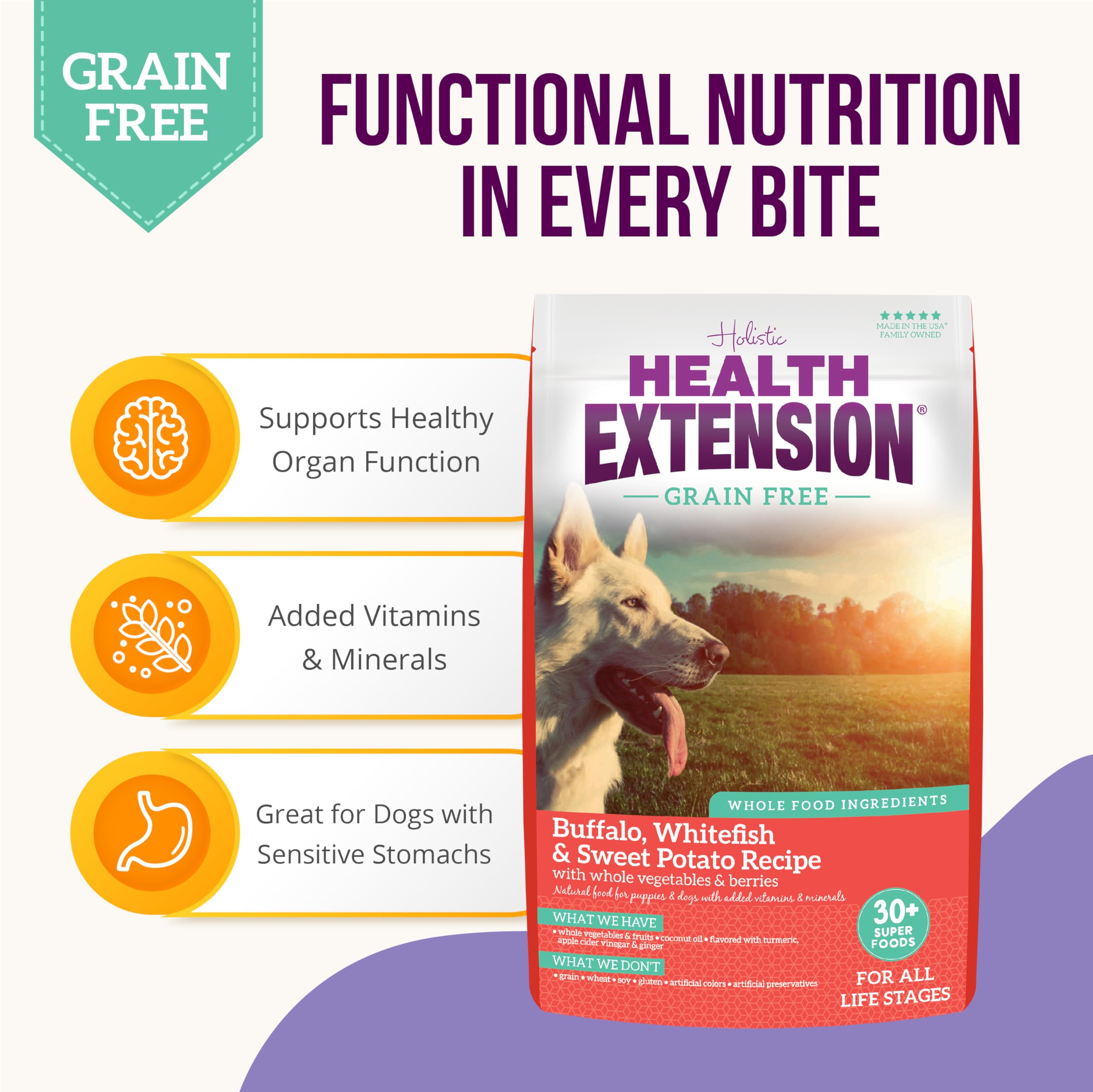Health Extension no fillers or artificial additives for clean nutrition.