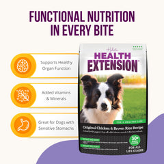 Health Extension Original Chicken Brown Rice probiotics imagery suggesting digestive support for dogs.