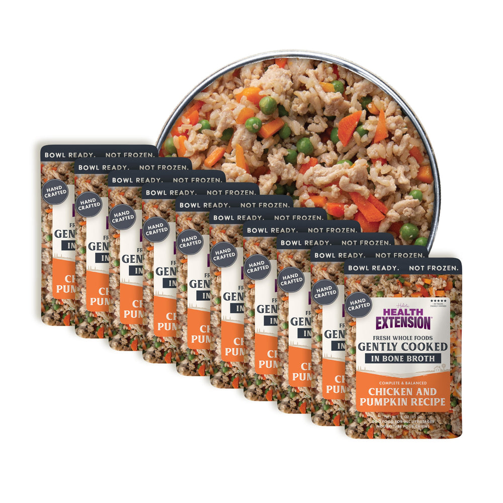 Health Extension packaging on shelf highlights shelf-stable dog meals.