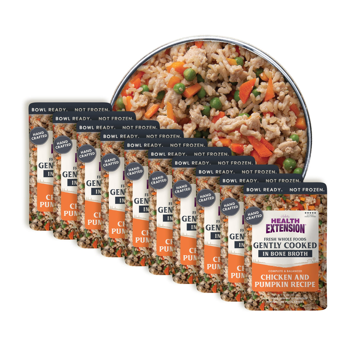 Health Extension packaging on shelf highlights shelf-stable dog meals.