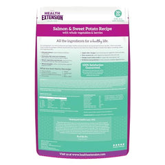 Health Extension salmon meal closeup emphasizes omega fatty acids for healthy skin and coat shine.