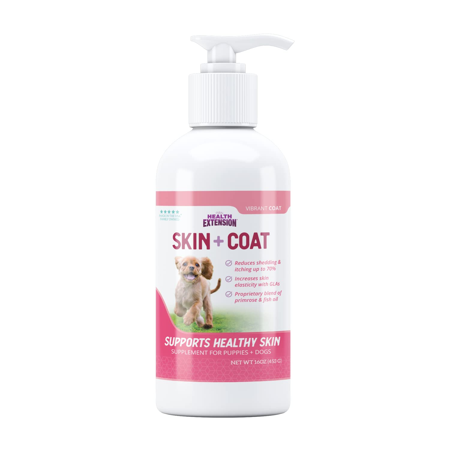 Health Extension Skin & Coat bottle-pour shows omega-3 support for a healthy, lustrous coat.