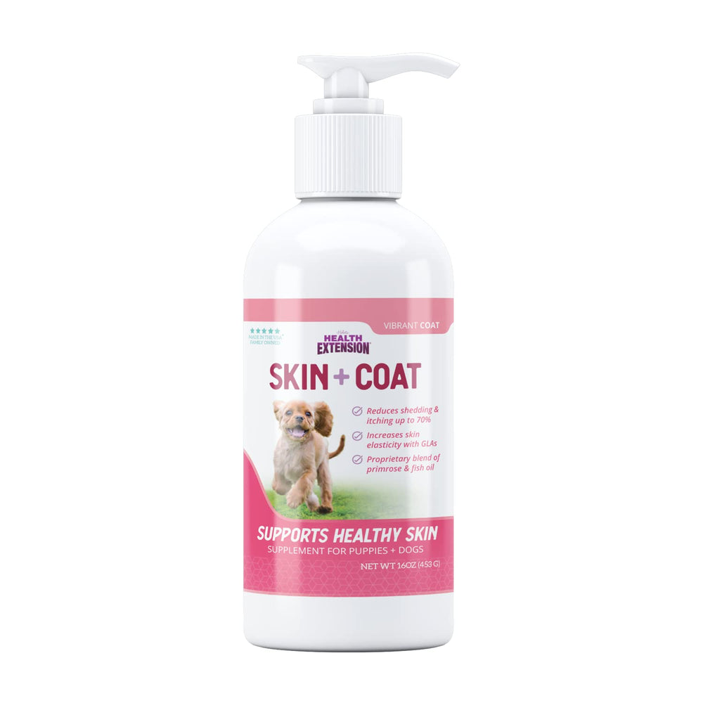 Health Extension Skin & Coat bottle-pour shows omega-3 support for a healthy, lustrous coat.