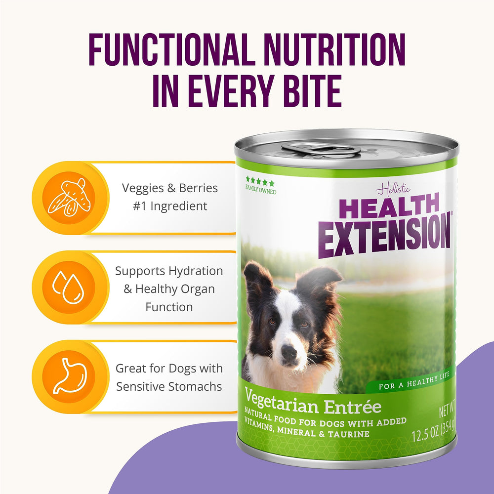 Health Extension Vegetarian Entrée pouring scene shows hydration-friendly, tasty meal for dogs.