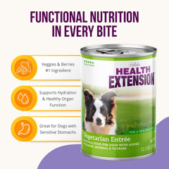 Health Extension Vegetarian Entrée pouring scene shows hydration-friendly, tasty meal for dogs.