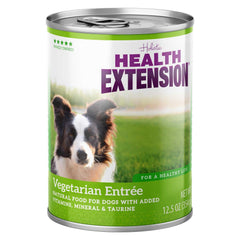 Health Extension Vegetarian Entrée label closeup highlights complete nutrition for sensitive stomachs.