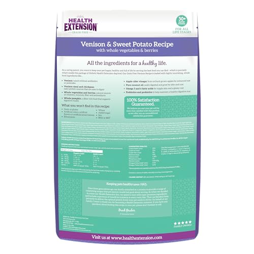 Health Extension venison kibble close-up signaling grain-free energy for all life stages