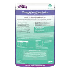 Health Extension venison kibble close-up signaling grain-free energy for all life stages