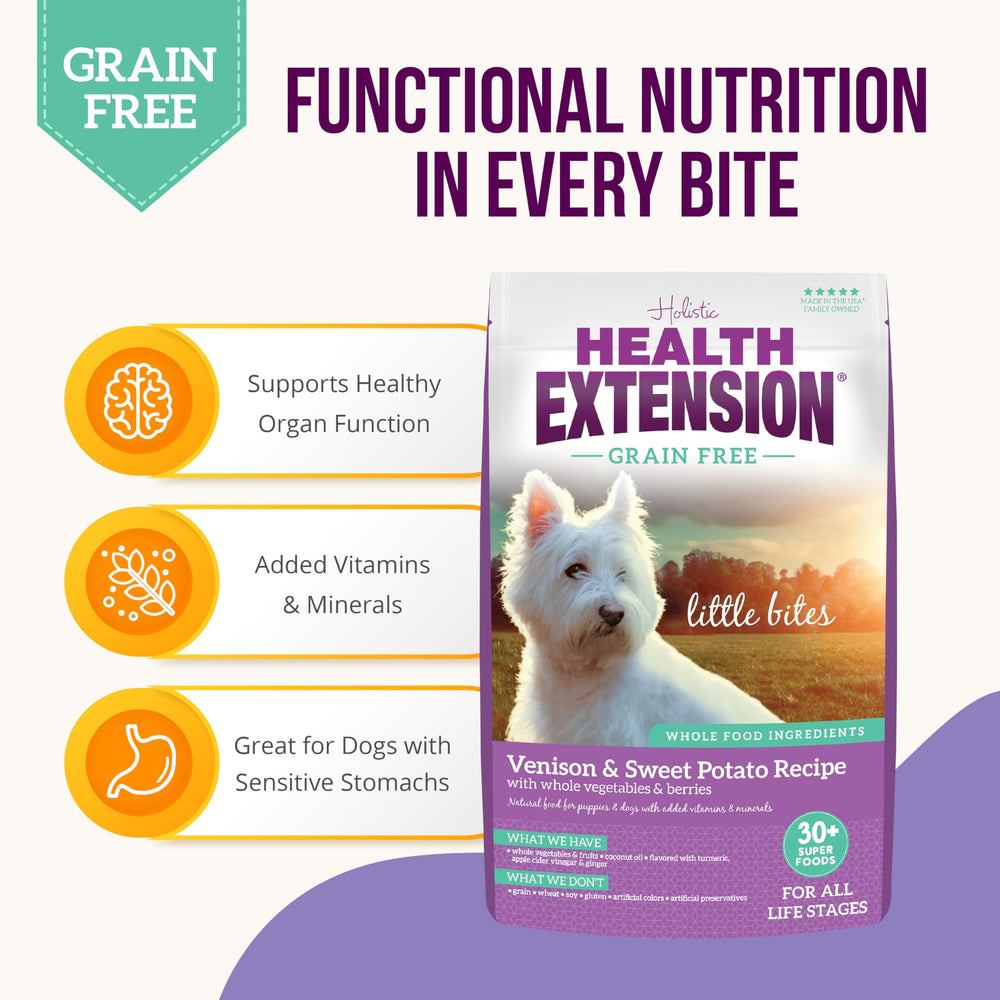 Health Extension Venison Sweet Potato kibble pile demonstrates easy to digest energy for small dogs.