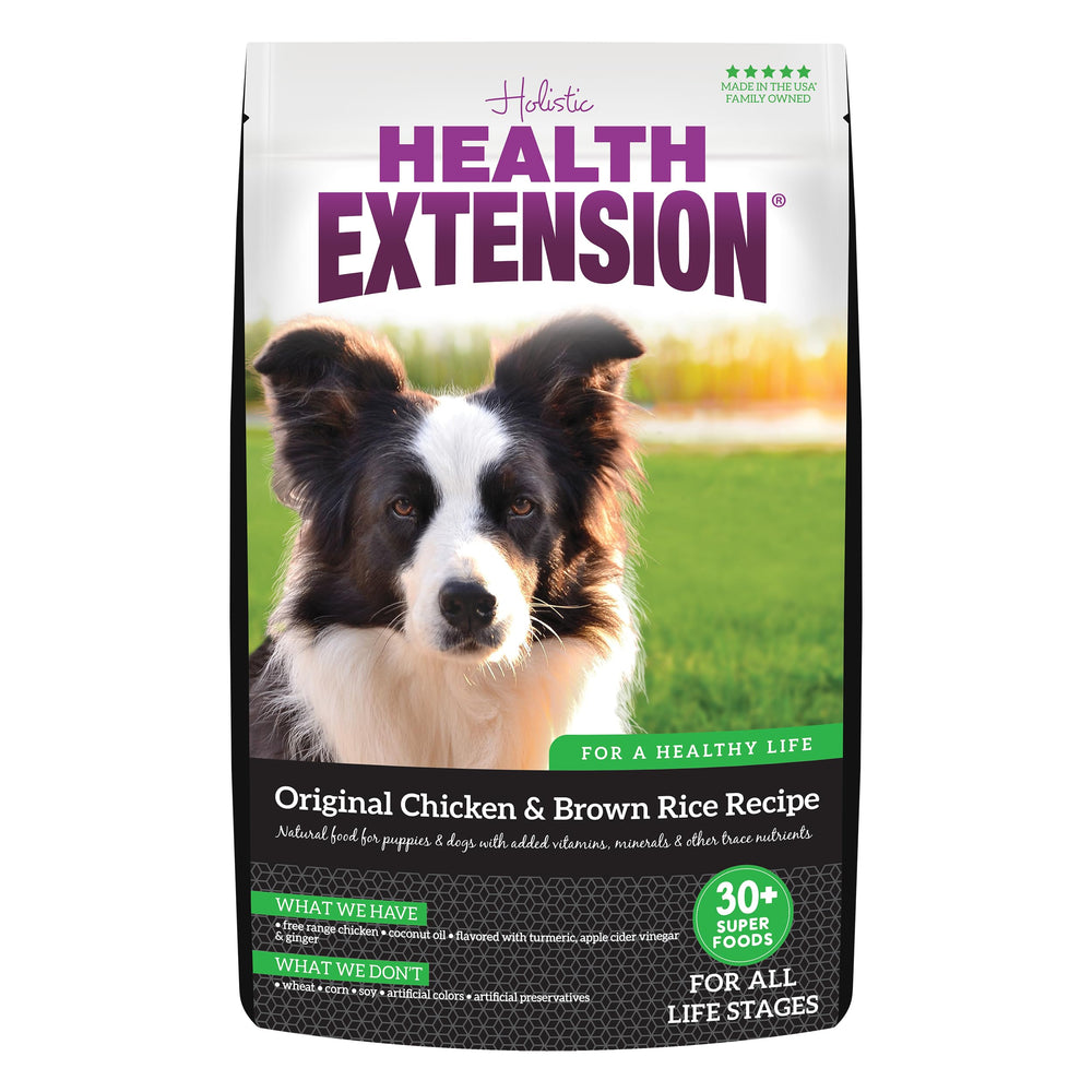 Health Extension Original Chicken Brown Rice bag highlights lean protein for muscles and energy.
