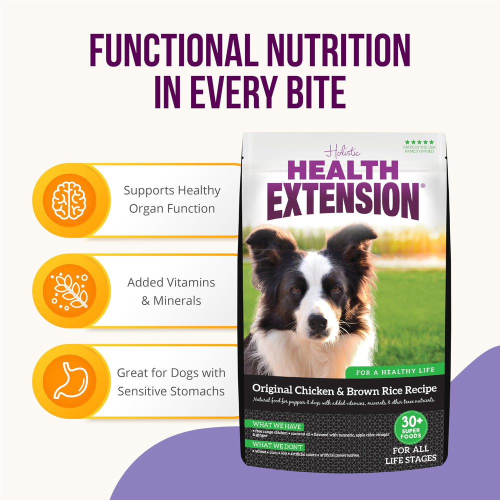 Health Extension Original Chicken Brown Rice ingredients-chart features turmeric and berries for natural nutrition.